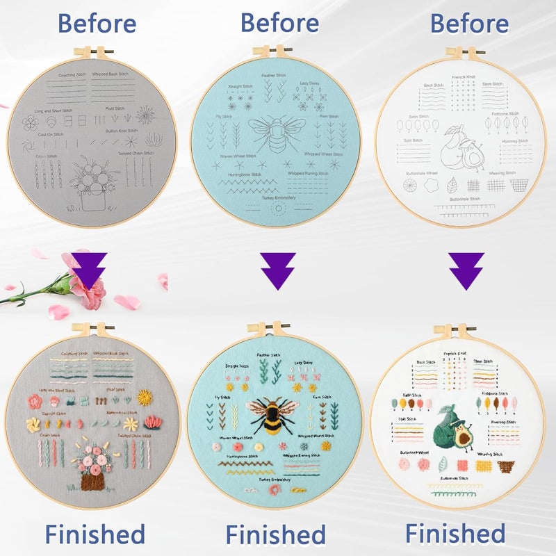 JOINRUN Beginner Embroidery Kit for Adults, 3 Pack Cross Stitch Kits with Pre-Printed Patterns, Threads, Needles, Learn Stitches with 7.8" Hoop, Video Tutorial, DIY Needlework Craft Gift for Women - Image 5